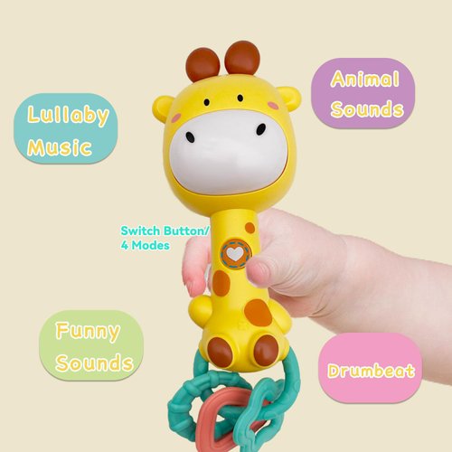 BIBEBRE Musical Rabbit Light-Up Toy and Teething Ring for Toddlers Sensory Chew and Fine Motor Skills Toy Baby Rattle and Teething Toys for 6 12 18 Month Babies (Giraffe)
