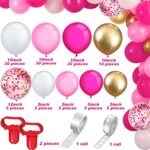 Gejoy 129 Pcs Pink Birthday Garland Arch Kit Confetti Latex Balloons with 2 Rolls Tape Valentines Decorations Party Balloons Wedding Baby Shower Decor(Pink, White, Rose Red, Metallic Gold)