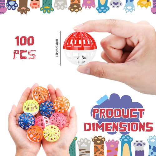 Hungdao 100 Pieces Cat Toys Balls with Bells Plastic Lattice Jingle Balls for Kitten 1.5 Inch Slotted Balls Small Cat Ball Bulk for Indoor Kitten Chase Pounce Rattle Play Toys, Assorted Color
