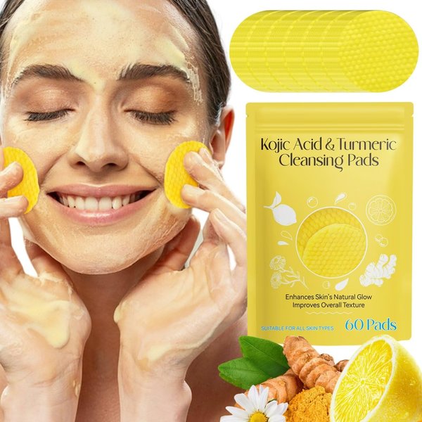 QrBxa 60 PCS Kojic Acid Turmeric Cleansing Pads for Cleansing and Exfoliating,Turmeric Cleansing Pads for Face and Body