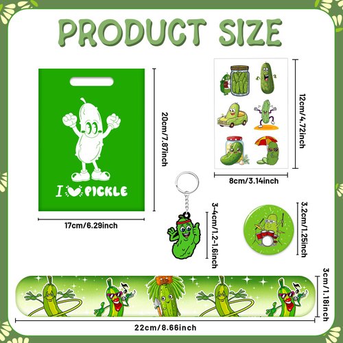 YYMYMGJ Funny Pickle Party Favors, Funny Pickle Temporary Tattoos Slap Bracelets Badges Keychains Gift Bags for Pickle Birthday Party Decorations Supplies for Kids Adults Boys Girls Classroom Rewards