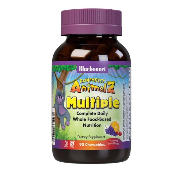 Bluebonnet Nutrition Rainforest Animalz Whole Food Based Multiple Chewable Tablets, Kids Multivitamin & Mineral, Vitamin C, D3, Iron, Gluten Free, Milk Free, Kosher, 90 Chewable Tablets, Mixed Flavors
