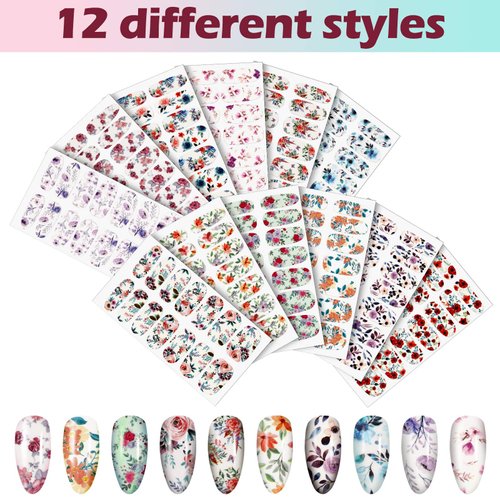 168 Pieces 12 Sheets Full Wraps Nail Polish Stickers Flower Print Self-Adhesive Nail Art Decal Strips Manicure Kits Colorful Flower Full Cover Nail Decal Strips with Nail File (Bright Style)