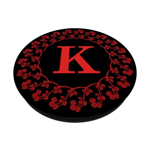 Monogram Initial K Phone Grip,Rose Red Floral Letter K Black PopSockets Adhesive PopGrip