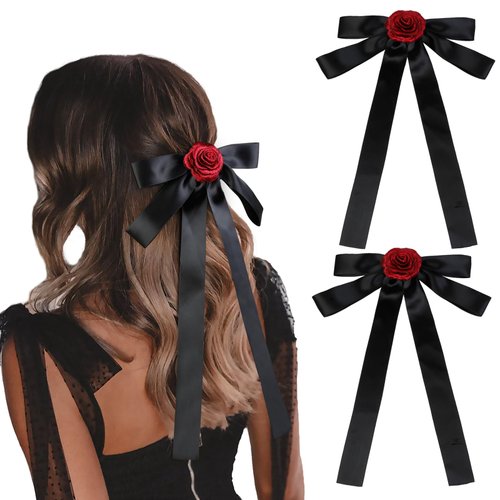 Tobeffect 2 Pcs Black Hair Bow Clips with Rose for Women Girls Gothic Black Hair Bows with Long Tail Satin Vintage Bow Barrettes Hair Accessories