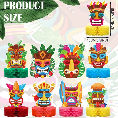 9 Pcs Tiki Hawaiian Luau Honeycomb Centerpiece Summer Tropical Party Decorations Tiki Luau Party Decorations Centerpiece Luau Double Side Table Toppers for Hawaii Birthday Beach Supplies
