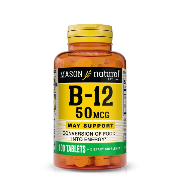 MASON NATURAL Vitamin B12 50 mcg with Calcium - Healthy Conversion of Food into Energy, Supports Nerve Function and Health, 100 Tablets