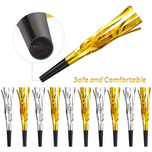 24 Pieces New Years Eve Party Supplies 2025, Happy New Year Party Blowers Gold Silver Noise Makers, NYE Decorations