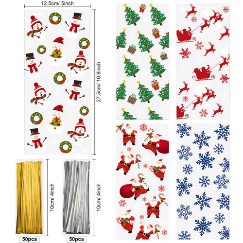 Outus 100 Pieces Christmas Cellophane Treat Bags, Plastic Christmas Cello Bags with Twist Ties for Candy, Cookie, Goodies, Gift Wrap, Xmas Party Favor Supplies (Multiple Pattern)