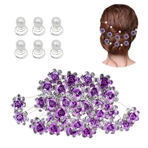inSowni 40pcs Bridal Wedding Rhinestone Rose Flower U-shaped Hair Pins & 6pcs Twist Pearl Hairpins Headpiece Set in Gift Box for Women Girls Bridesmaid (Royal Blue Set)