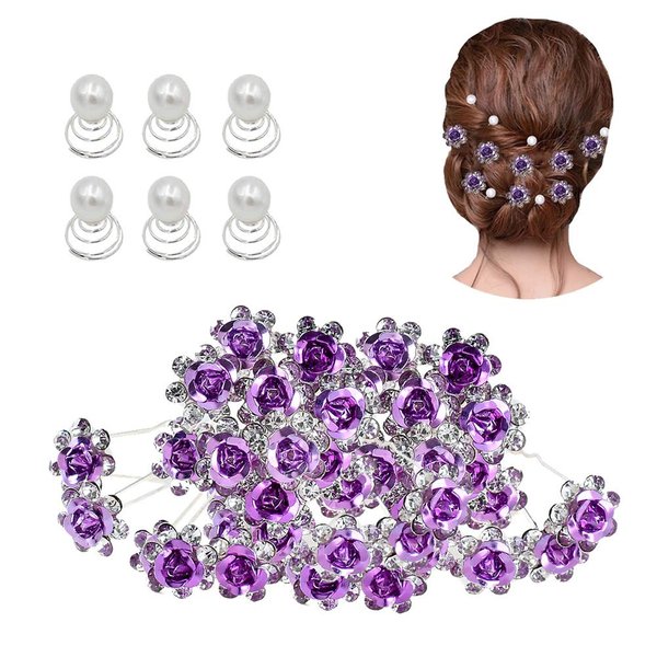 inSowni 40pcs Bridal Wedding Rhinestone Rose Flower U-shaped Hair Pins & 6pcs Twist Pearl Hairpins Headpiece Set in Gift Box for Women Girls Bridesmaid (Royal Blue Set)