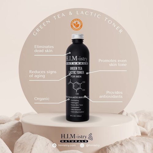 H.I.M-istry Green Tea & Lactic Acid Face Toner | w/Tea Tree Oil, Peppermint Oil, Witch Hazel, Vitamin E & Glycolic Acid | Reduces Redness, Bumps, Face Oil, for Healthy Young Looking Skin - 8oz