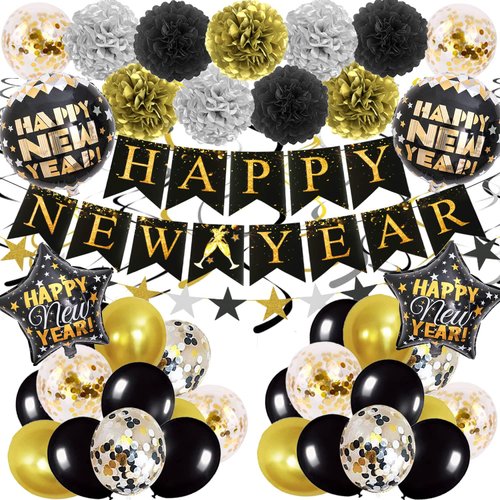 2025 Happy New Year Decorations Kit New Years Eve Party Supplies for Happy New Year Decorations 2025 Black Gold Happy New Year Decor