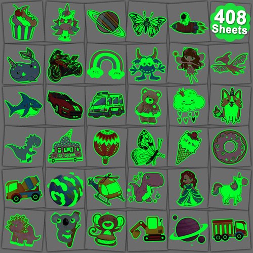 CHARLENT 408 PCS Individually Wrapped Luminous Temporary Tattoos for Kids - Glow in The Dark Mixed Tattoos for Kids Birthday Party Favors Goodie Bag Fillers