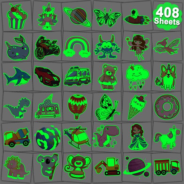 CHARLENT 408 PCS Individually Wrapped Luminous Temporary Tattoos for Kids - Glow in The Dark Mixed Tattoos for Kids Birthday Party Favors Goodie Bag Fillers