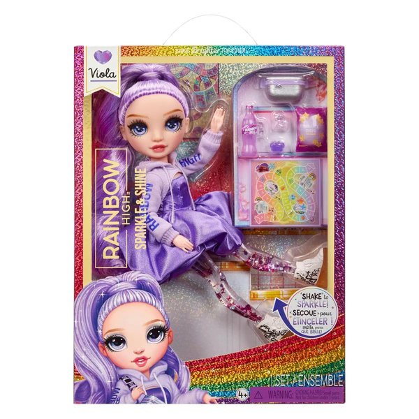 RAINBOW HIGH Sparkle and Shine Viola (Purple) Model Doll 28 cm with Liquid Glitter in Legs, Shake to See Them Glitter, Ideal for Children 4 to 12 Years Old