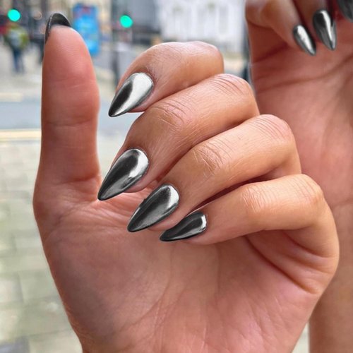 Black Chrome Press on Nails Medium Almond,SXVME Mirror Metal Fake Nails Chrome Nails Press ons,Metallic Glue on Nails Acrylic Nails False Nails for Daily Wear in 24 PCS