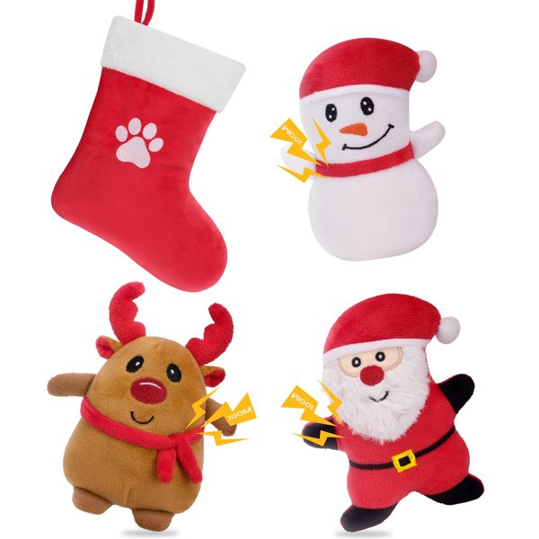 HGB Christmas Dog Toys, 4 Pack Squeaky Dog Toys for Small Medium Dogs with Dog Stocking, Plush Puppy Toys for Teething, Interactive Small Dog Toys to Keep Them Busy, Pet Toys for Enrichment & Boredom