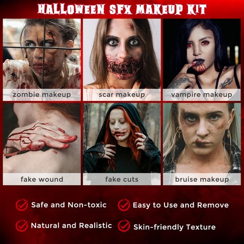 Sfx Makeup Kit Professional, Realistic Special Effects Makeup Kit with 1 Pc Fake Blood, Liquid Latex, Scar Wax, Fake Blood Gel, Spatula Tool and 2 Pcs Stipple Sponges, Washable Halloween Scar Makeup