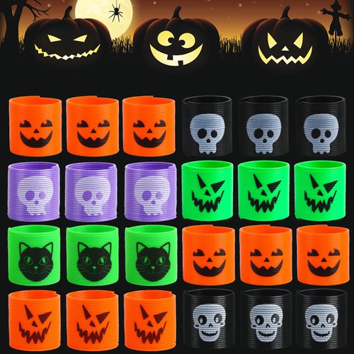 FINGOOO 24 Pack Halloween Coil Springs Toys for Kids,Assorted Halloween Pattern Color Halloween Goodie Bag Stuffers Party Favors Small Halloween Toy Gifts
