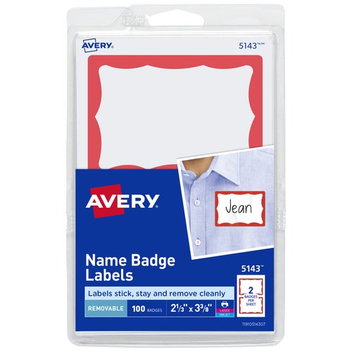 Avery Customizable Name Tags, 2-1/3" x 3-3/8", White with Red Border, 100 Removable Name Badges (05143)