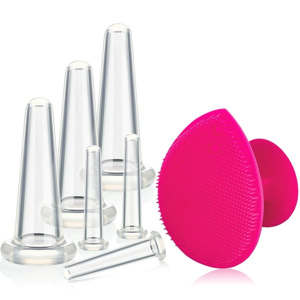 Silicone Facial Cupping Set, Vacuum Massage Cup Kit for Body, Face, Neck, Back, Eye, 6 Cups and Exfoliating Brush for Skin Care, Anti-aging and Anti-Wrinkle Beauty Tool (Small Medium, White)