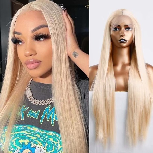 UNIQUEWIG 24" Long Silky Straight Blonde Synthetic Lace Front Wigs with Middle Part Natural Hairline Cosplay Wigs Daily Use Wigs
