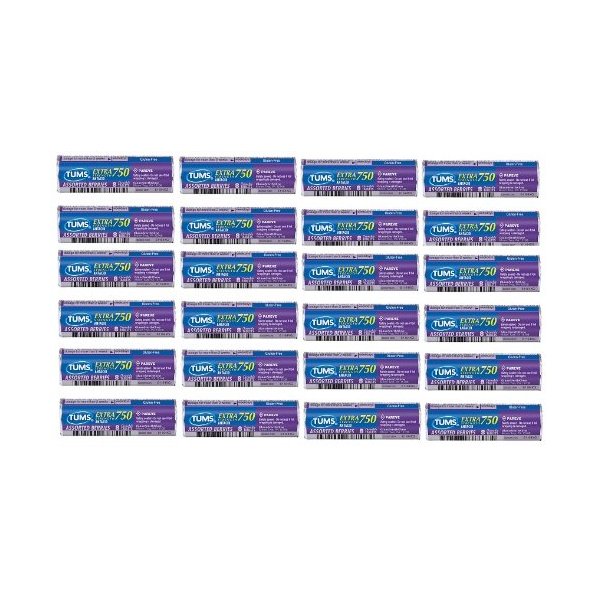 Tums Extra Strength 750 Antacid with Calcium Supplement Calcium Rich Assorted Berries Flavored - 24 Pocket Size Rolls of 8 Chewable Tablets Each Roll (192 Chewable Tablets Total)