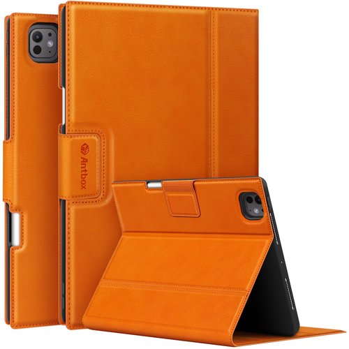 Antbox for iPad Pro 11 Inch Case 2024 M4, Premium Vegan Leather, Supports Pencil Pro and Pencil (USB-C), Auto Sleep/Wake Function, Built-in Pencil Holder (Orange)