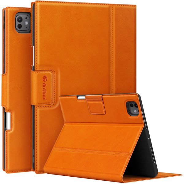 Antbox for iPad Pro 11 Inch Case 2024 M4, Premium Vegan Leather, Supports Pencil Pro and Pencil (USB-C), Auto Sleep/Wake Function, Built-in Pencil Holder (Orange)