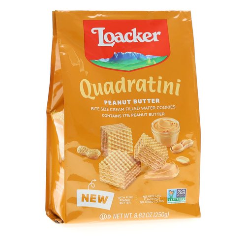 Loacker Quadratini Peanut Butter bite-size Wafer Cookies | Crispy Wafers with 4 creamy layers of finest Peanut Butter cream filling | great for snacks & desserts | Non GMO | No artificial flavorings, or added colors | 8.82 oz bag