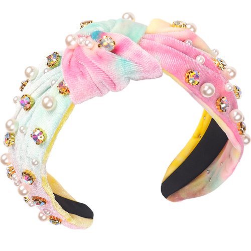 SeBneny Tie Dye Headbands Pearl Knotted Headband Boho Wide Fashion Cute Top Knot Headband Gift for Women Non Slip Wide Headband for Party Supplies Headwear 1PCS (Light Yellow)