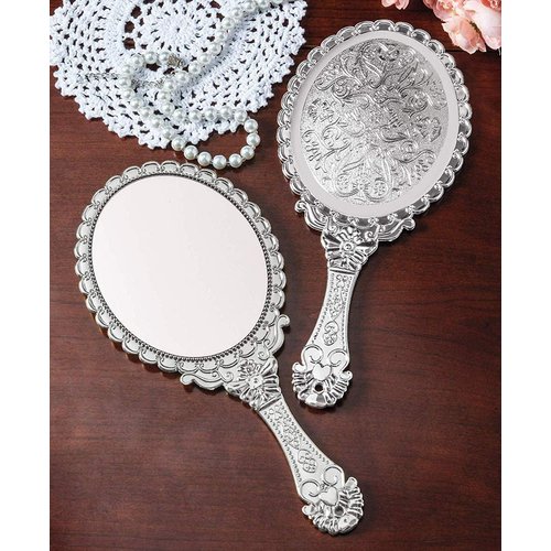 KABAKE Handheld Mirror, Hand Held Mirror with Handle, Small Travel Packet Compact Mirrors, Vintage Decorative Makeup Cosmetic Purse Mirrors for Girls Women, Silver