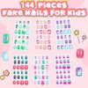 144 Pieces 6 Pack Kids Press on Nails Artificial Fake Nails for Kids Girls Pre Glue Full Cover Short Acrylic False Nail Tips Art Kits Gifts for Kids Girls Nail Art Decoration