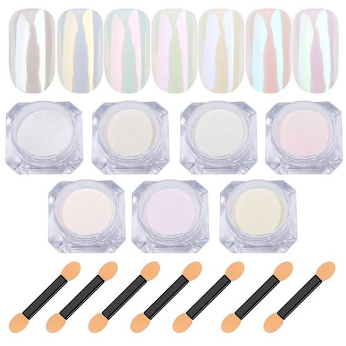 7 Colors White Pearl Chrome Nail Powder Aurora Metallic Nail Powder Holographic Mirror Effect Chrome Powder Iridescent Shell Powder Glitter Nail Art Pigment Manicure Powder for Nails (White Pearl)