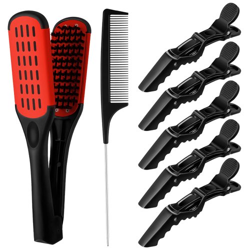 Honeydak Double Brush Hair Straightening Boar Bristle Clamp Hair Comb for Straightening Hair Splint Comb with 5 Pieces Alligator Hair Clips, Pin Rat Tail Comb for Hair Styling(Red Black Comb)