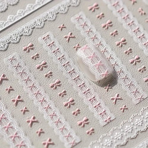 Lace Bowknot Nail Art Stickers 5D Embossed Nail Stickers Pink Bowknot White Lace 3D Self Adhesive Nail Art Supplies Decals Retro Sweet Bow Knot Vintage Manicure Sliders Accessories for Women Girls