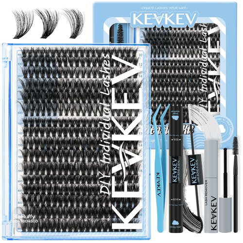 KevKev Lash Extension Kit 320pcs Fluffy Lash Clusters Kit 60D+70D+80D Mixed 0.05D Softer Individual Lashes Natural Cluster Eyelash Extension Kit with Lash Bond and Seal, Lash Remover, Lash Applicators