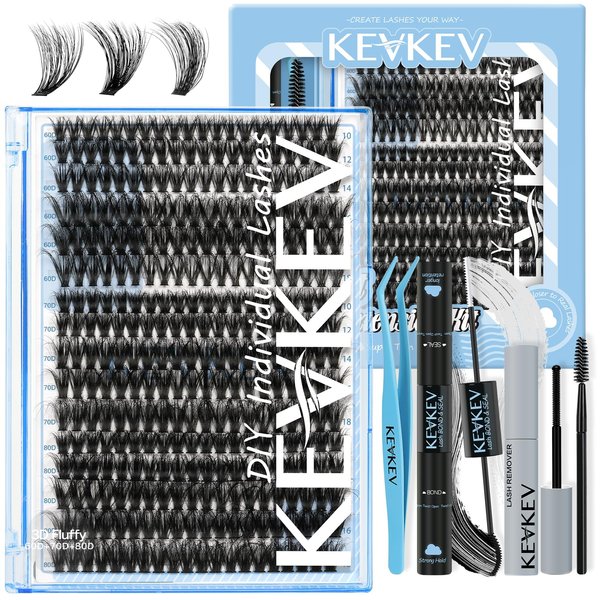 KevKev Lash Extension Kit 320pcs Fluffy Lash Clusters Kit 60D+70D+80D Mixed 0.05D Softer Individual Lashes Natural Cluster Eyelash Extension Kit with Lash Bond and Seal, Lash Remover, Lash Applicators