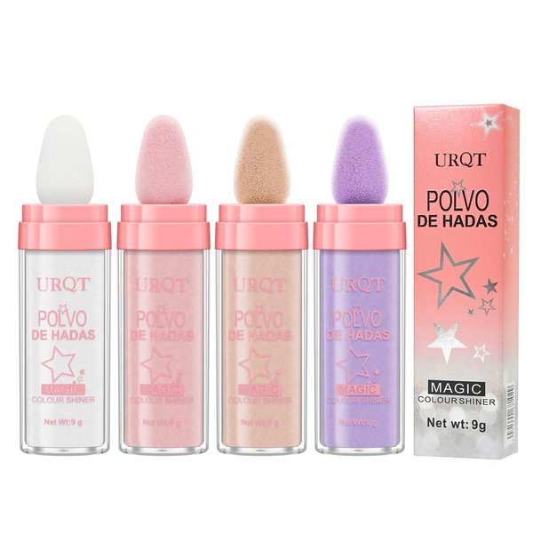 URQT 4 Color Polvo De Hadas Fairy Dust Highlight Patting Powder - Full Body Contouring and Clavicle Pearlescent Patting Powder for Face and Eye, Halloween Sparkling Body Glitter Powder (4 Pack)