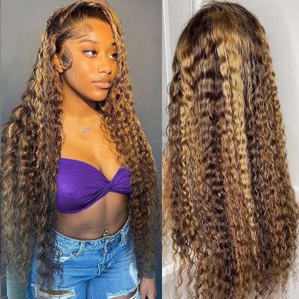 SNJON Highlight Ombre Lace Front Wig Human Hair 13x4 Transparent Water Wave Honey Blonde HD Lace Front Wig Human Hair 180 Density Pre Plucked with Baby Hair 28 Inch