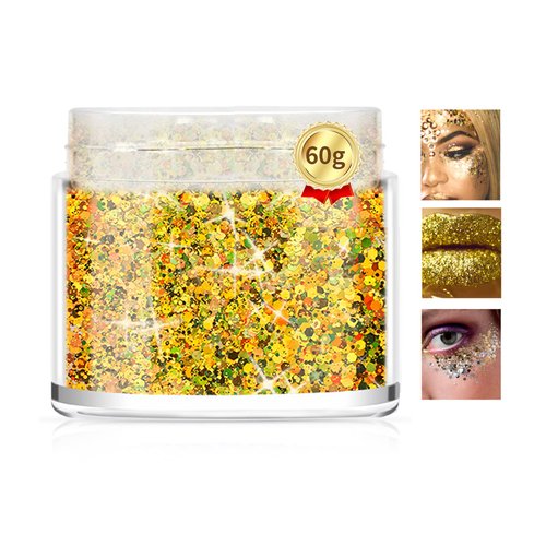 Morovan Holographic Golden Body Glitter 2oz/60g Face Glitter Hair Glitter Cosmetic Grade Chunky Glitter Makeup Festival Body Glitter Rave Glitter Eyeshadow& Lip Gloss& Resin& Nails Glitter