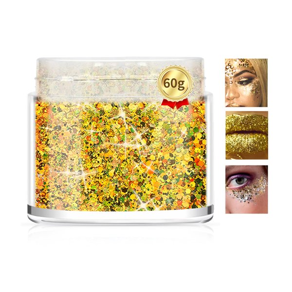 Morovan Holographic Golden Body Glitter 2oz/60g Face Glitter Hair Glitter Cosmetic Grade Chunky Glitter Makeup Festival Body Glitter Rave Glitter Eyeshadow& Lip Gloss& Resin& Nails Glitter