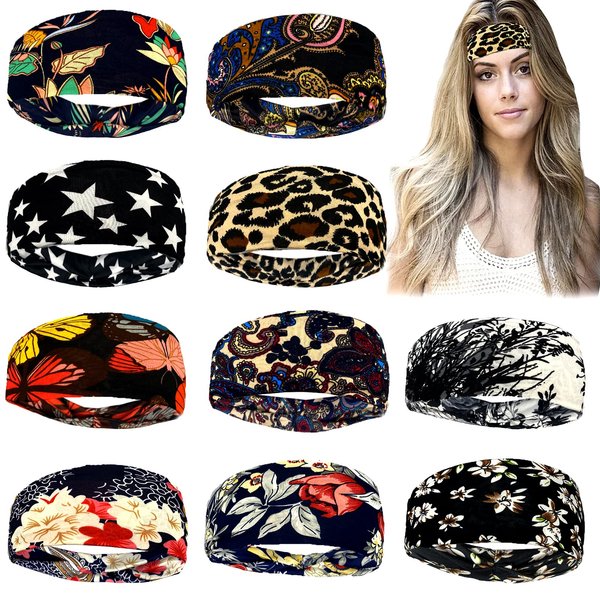 FOZUBOYO 10 Pieces Women African Headband Yoga Non Slip Sweat Hairwrap Boho Print Elastic Turban Sports Workout Running Stretchy Headband for Women Girls Hair Accessories
