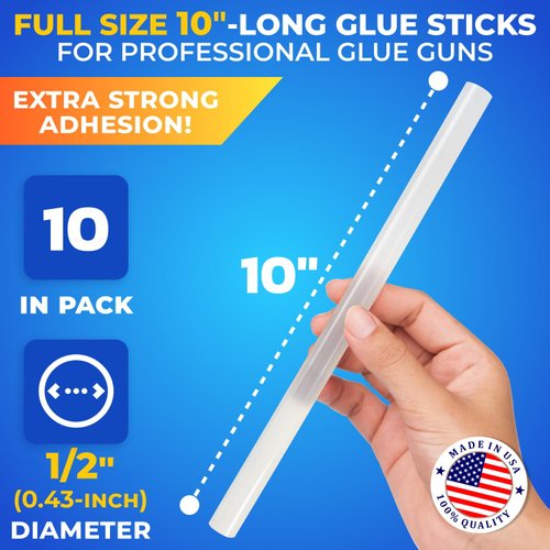 IDL Packaging 1/2" (0.43-inch) x 10" All-Surfaces Full-Size Hot Glue Sticks for Glue Guns, Clear (Pack of 10) - Superior Bonding Strength for Wood, Metal, Plastic, Glass, Tile, Cardboard, Masonry