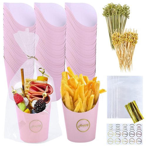50 Sets 14oz Disposable Charcuterie Cups with 200 Sticks, 50 Bags & 50 Stickers | Eco-Friendly Snack Holders for French Fries, Fruits, Desserts | Birthday Wedding Party Supplies （pink）