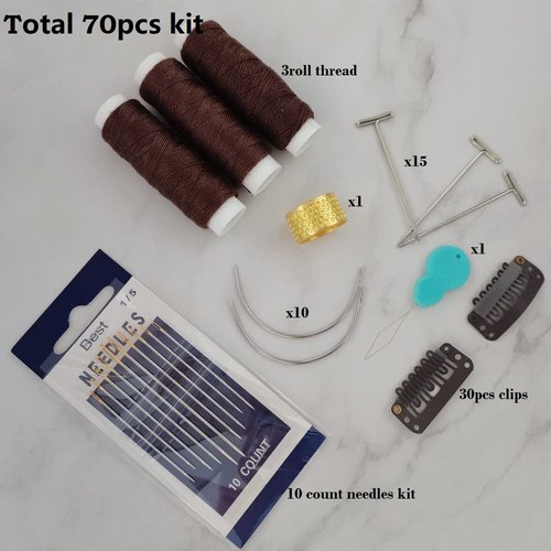 Zeebro 70PCS U-Shape Snap Clips for Hair Extensions 6 Teeth Metal Wig Clips Hair Weave Thread Needle Kit with Curved Needles T Pins Needle Threader Thimble,Dark Brown