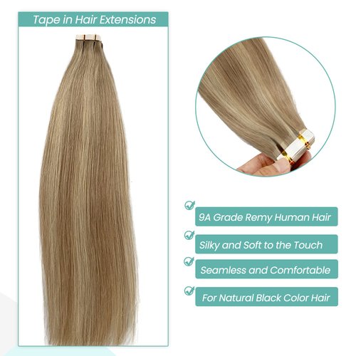 Ash Blonde Balayage Human Hair Extensions Tape in 14 Inch 50g 20pcs Seamless Straight Real Human Hair Tape ins Ash Blonde Mixed Platinum Blonde Highlights Hair Extensions for White Women