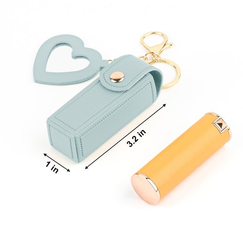 Beautyflier Lipstick Organizer Keychain Chapstick Case with Mirror for Women, Portable Lipstick Leather Holder Lip Gloss Bag Lip Balm Case for Travel, Party, Holiday Gifts (Blue, Heart)