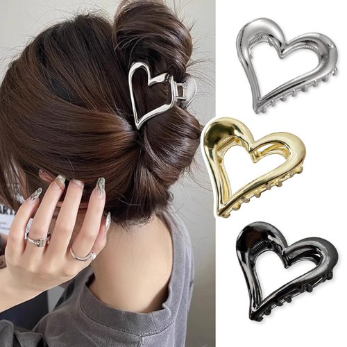 AIUPUOC Heart Hair Clips for Thin Hair for Women Valentine Hair Claw Clips French Hair Barrettes Accessories Holiday Hair Decoration Metal Silver Heart Clips Elegant Gold Claw Clip for Styling 3Pcs
